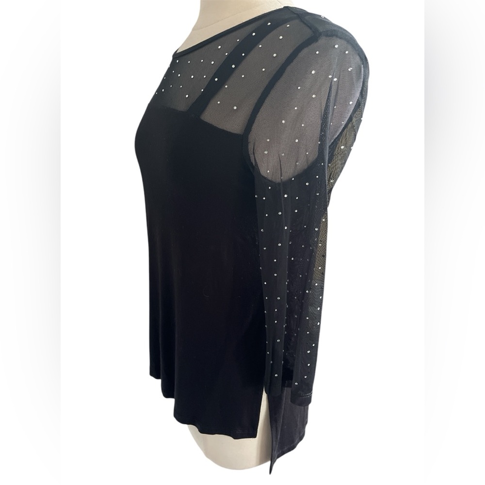 Cable & Gauge Black Blouse with Sheer top 3/4 Sleeves & Rhinestones Size small - Picture 5 of 10